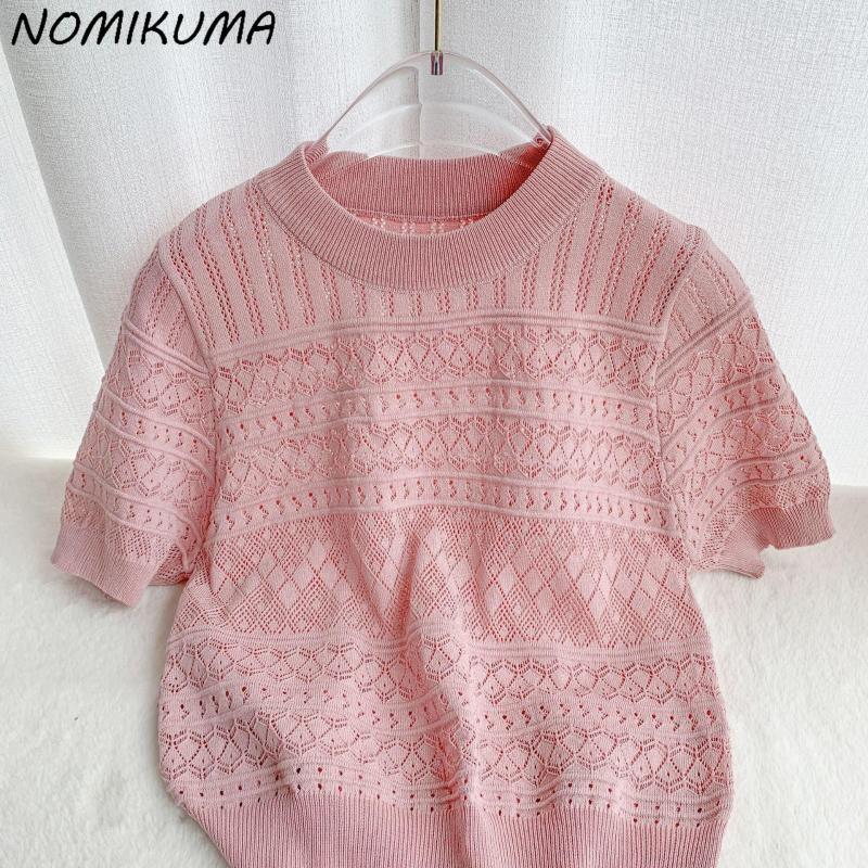 

Women's T Shirts Nomikuma Ice Silk Knitted Short Sleeve T-Shirts Women Summer Fashion Hollow-out O-neck Chic 2023 Elegant Y2k Top, White