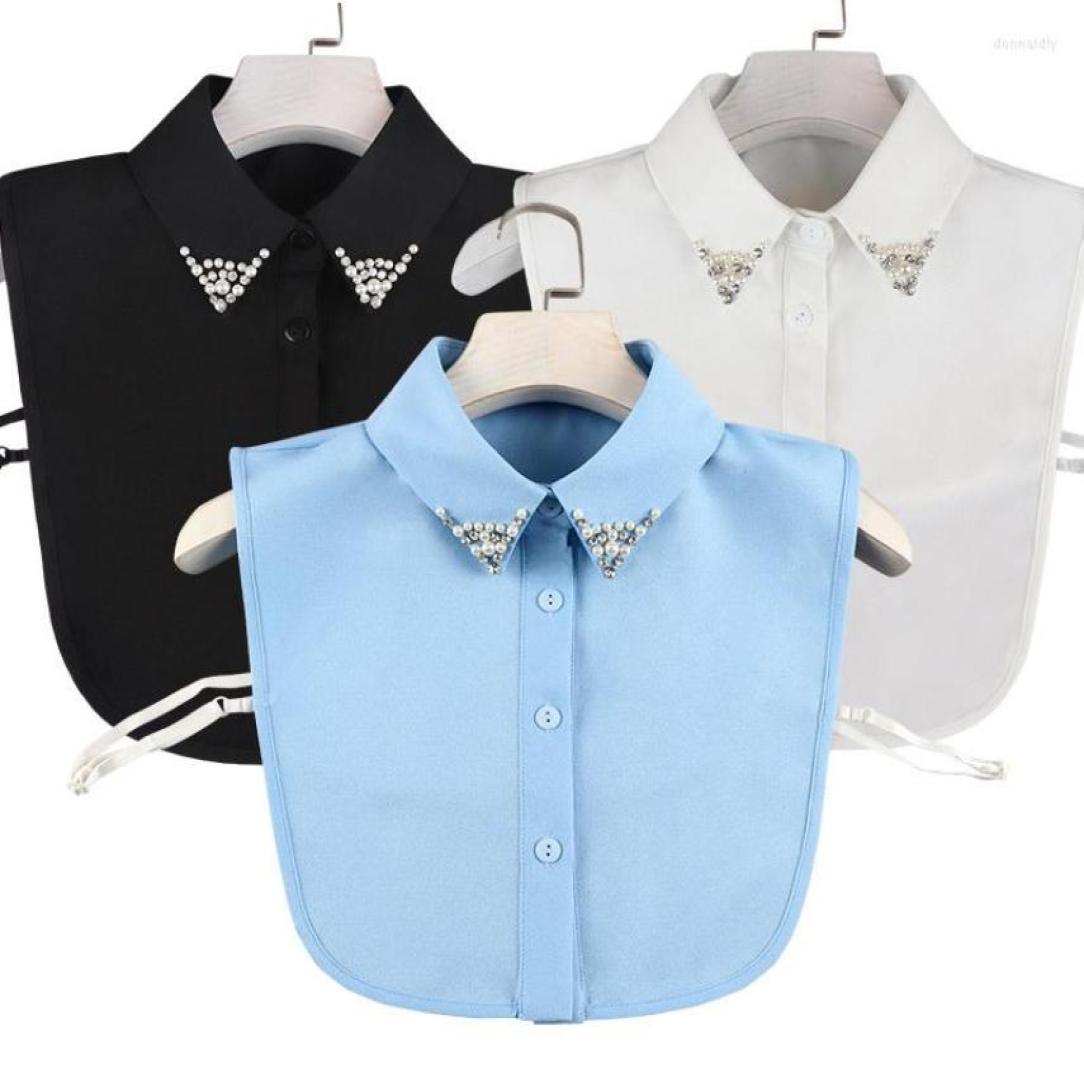 

Bow Ties Women Cotton Denim Chic Blouse Tops Detachable Half Shirt Fake Collar Lady Ruffles Cardigan Button Rhinestone Lapel False3462623