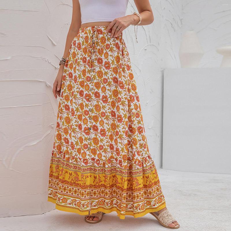 

Skirts Women Clothing Casual Boho Print Lace Up Maxi Summer Fashion Empire Loose Long Skirt Green Slit Beach Womens