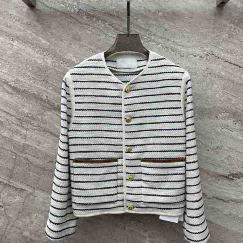 

Women' Jackets Designer Autumn/Winter 23 New Premium Navy Blue Stripe Hunting Gold Button Jacket Coat EFJS, Milky white