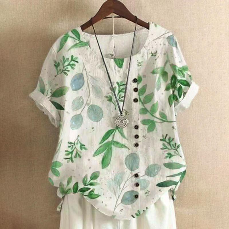 

Women's Blouses Summer Oversize Blouse Leaf Printed Casual Loose Cotton Linen Short Sleeve Pullover Tops Shirts For Women Woman Tshirts, Green-c