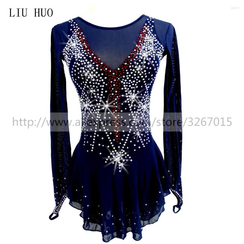 

Stage Wear Competition Figure Skating Dress Women's Girls' Ice Roller Round Neck Long Sleeve Adults Kids Dance Leotard Costume, Navy blue
