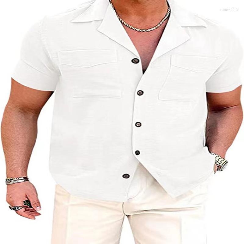

Men's Casual Shirts Summer Mens Blouse Cotton Shirt Men Solid Short Sleeve Cardigan Double Pockets Loose Tops Man Fashion Ropa Hombre, White