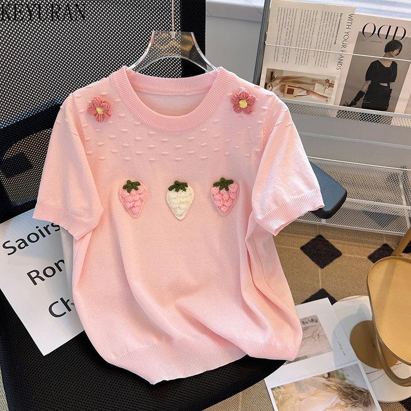 

Women's Sweaters 3D Flower Short Sleeve Pink Sweater Women Knitted T-Shirt 2023 Summer Sweet Round Neck Pullover Knitwear Tops Pull Femme