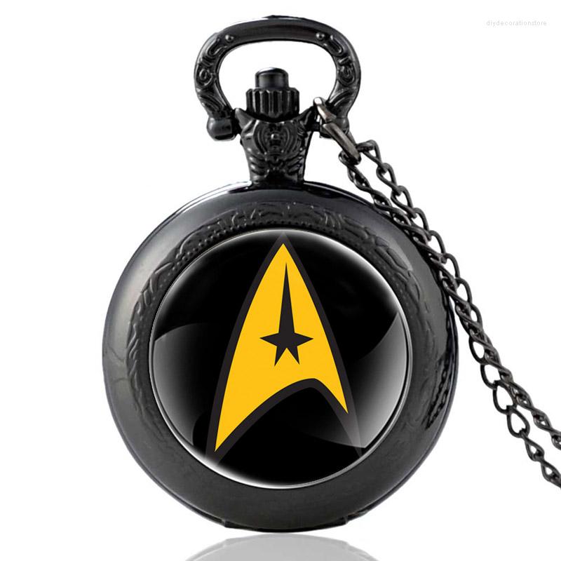 

Pocket Watches Classic Black Star Travel Logo Design Glass Cabochon Quartz Watch Vintage Men Women Pendant Necklace Chain Clock Gifts