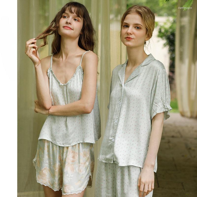 

Women' Sleepwear Summer Sexy Pijamas Women Spaghetti Strap Shorts Pajamas Viscose Print 2 Piece Satin Lounge Wear Fresh Little Flowers, 01