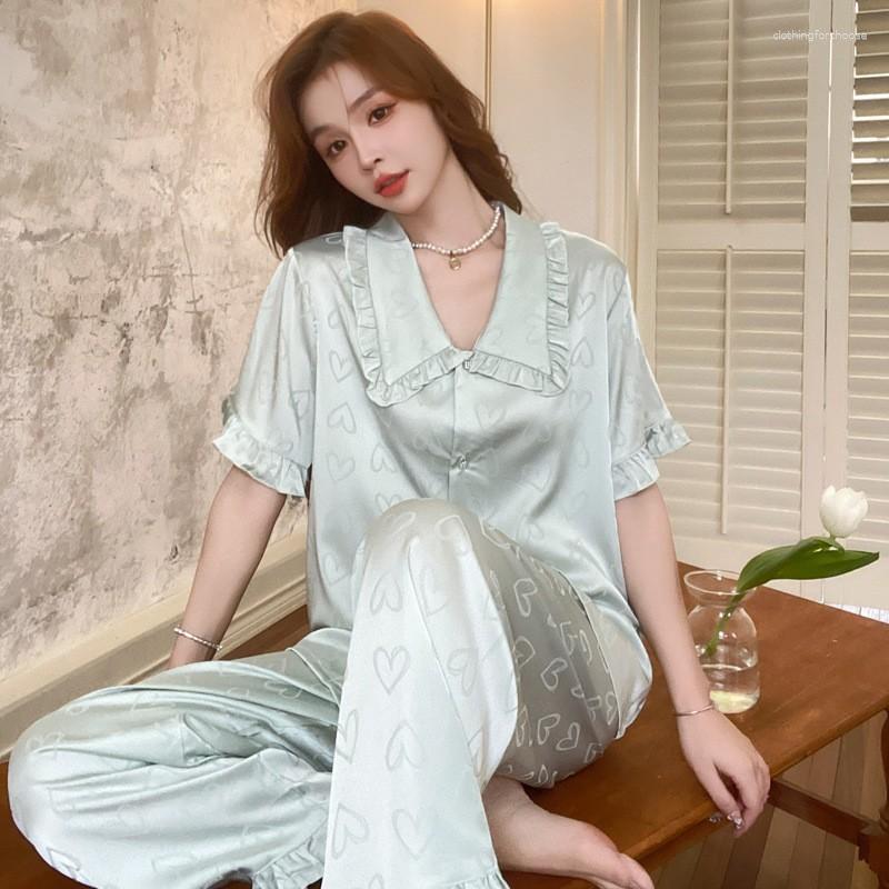 

Women's Sleepwear 2023 Fashion Women's Pajamas Set Sexy Lapel Ruffle Love Print Short Sleeve Trousers Two-Piece Loungewear Home Wear, Green
