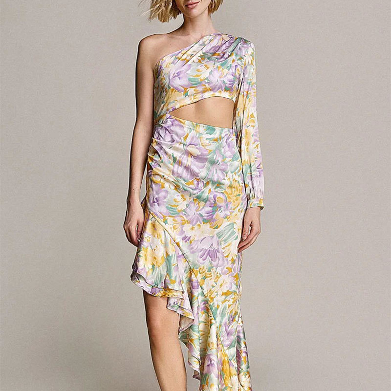 

Basic Casual Dresses Sexy One Shoulder High Waist Hollow Out Irregular Ruffle Evening Long Dress Gown Prom Fashion Women Elegant Corset Party 230627, Yellow