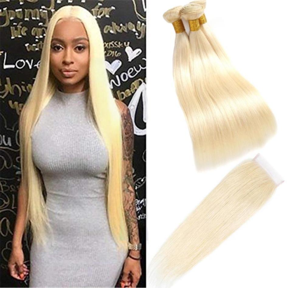 

Malaysian Human Hair Silky Straight 613 Color 3 Bundles With 4X4 Closure Baby Hair Wefts With Four By Four Lace Closure Middle Th4671698, Blonde