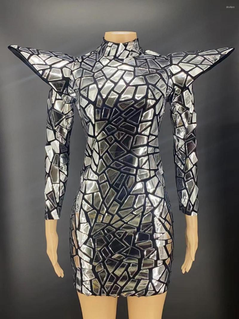 

Stage Wear Nightclub Sexy Black Silver Sequins Evening Performance Dress Team Show Costume Stretch Dance Outfit, Picture