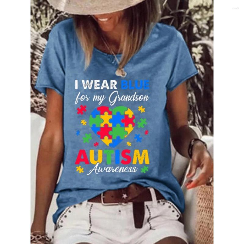 

Women's T Shirts Rheaclots Women's I Wear Blue For My Grandson Autism Awareness Love Puzzle Print V-Neck Short Sleeve T-Shirt, White