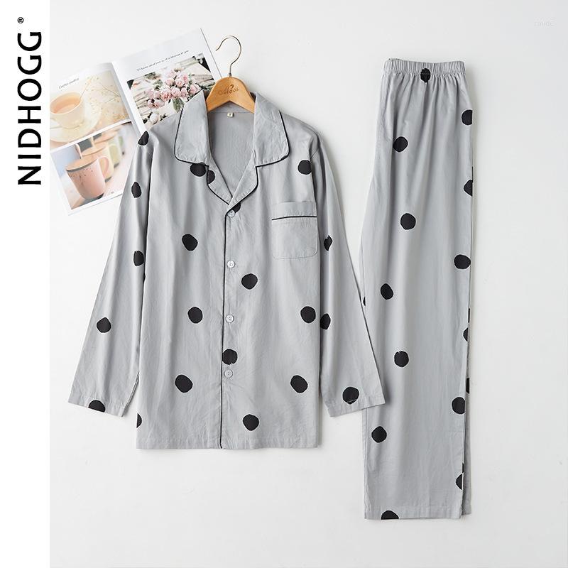 

Women's Sleepwear Autumn Thin Satin Cotton Pajamas Polka Dot Printing Long Sleeves Couple Loungewear Women And Men Home Clothes 2 Piece, Men grey