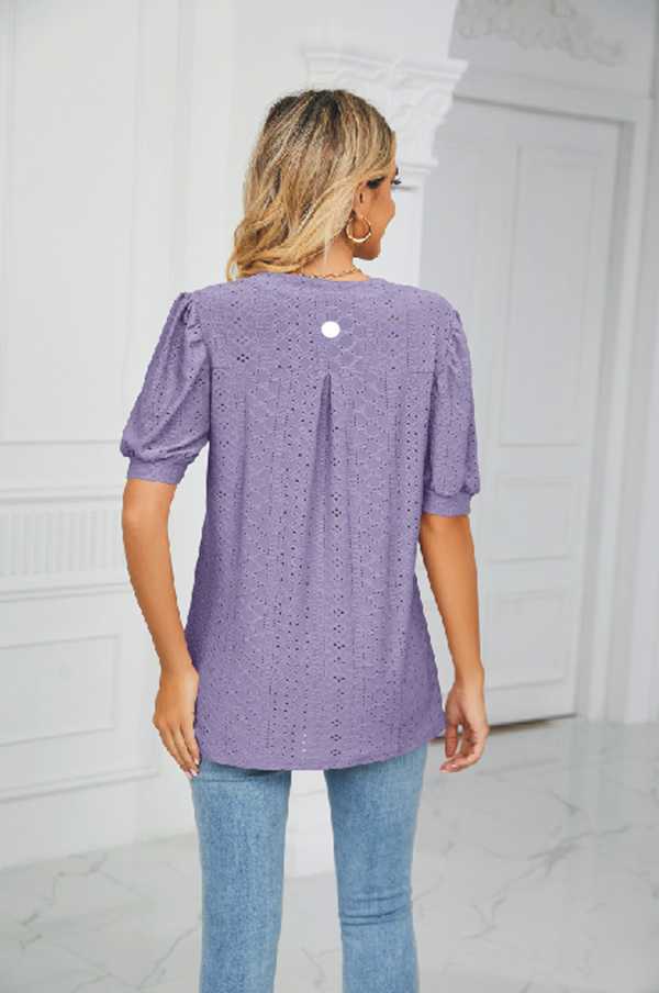 

Lulu Women T Shirt Blouses Summer Tee Casual V-neck Solid Color Shirt Hoow Bubble Sleeve Loose Woman Top Lady, Light pink