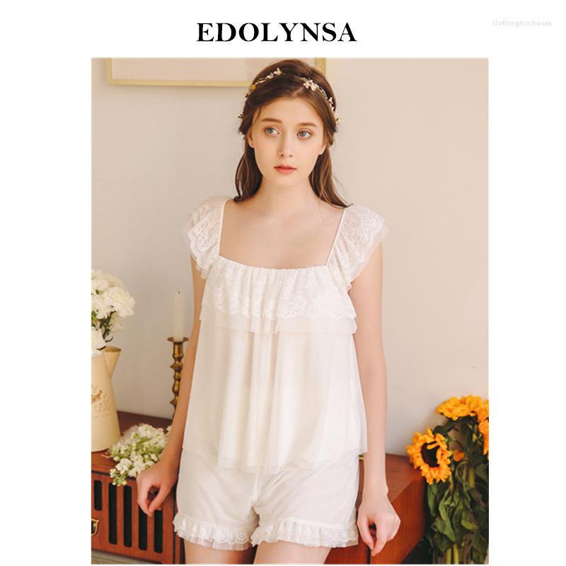 

Women' Sleepwear 2023 Summer Women Home Wear Short Pajama Set Retro Square Collar Butterfly Sleeveless Lace Ruffled Pyjama Femme H834, White