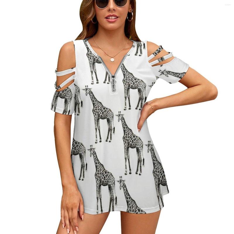 

Women's T Shirts Giraffe Fashion Zip Off Shoulder Top Short-Sleeve Women Shirt Africa Safari Nature Illustration Pen Ink, Nz019
