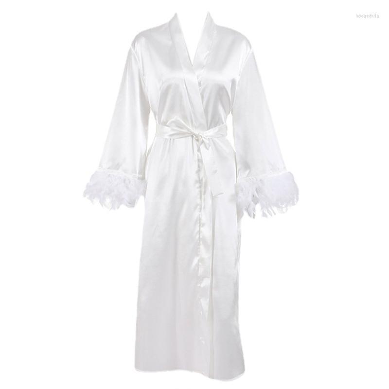 

Women' Sleepwear Women' Womens Satin Bathrobe Feather Cuff Soft Spa Robe Luxury For Women, Picture shown