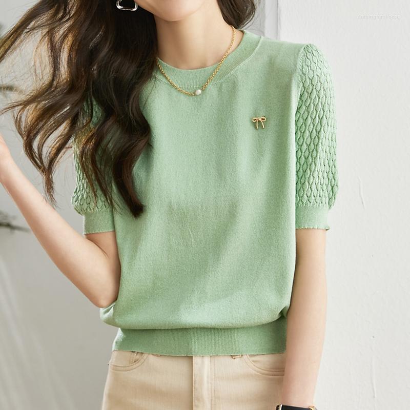 

Women's T Shirts White Loose Thin Knitted Women Shirt 2023 Summer Casual Tees Short Sleeve Tshirt Female O Neck Elastic Top Fashion Clothes, Green