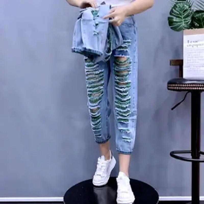 

Women' Jeans Europe Summer Women' Color Hole Female High Waist Loose Denim Cross Pants Fashion Sexy Thin Harlan Trousers, Picture color