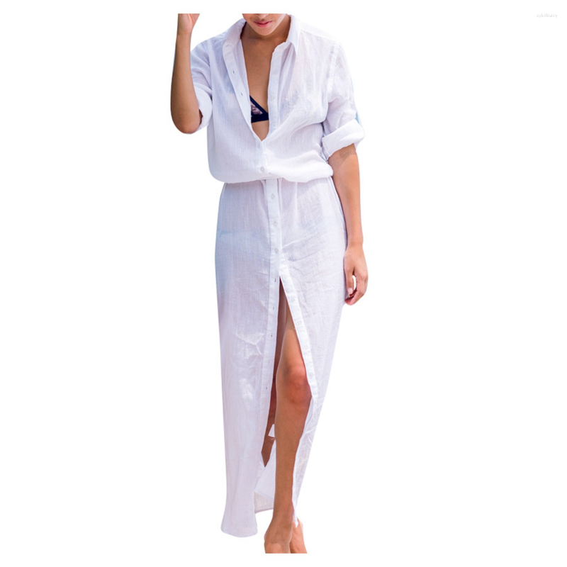 

Women's Swimwear Chiffon Wrinkle Dress Bikini Cover Ups Ultra-thin Breathable Buckle Shirt Collar Beach Long Skirt Women's Sunscreen, White