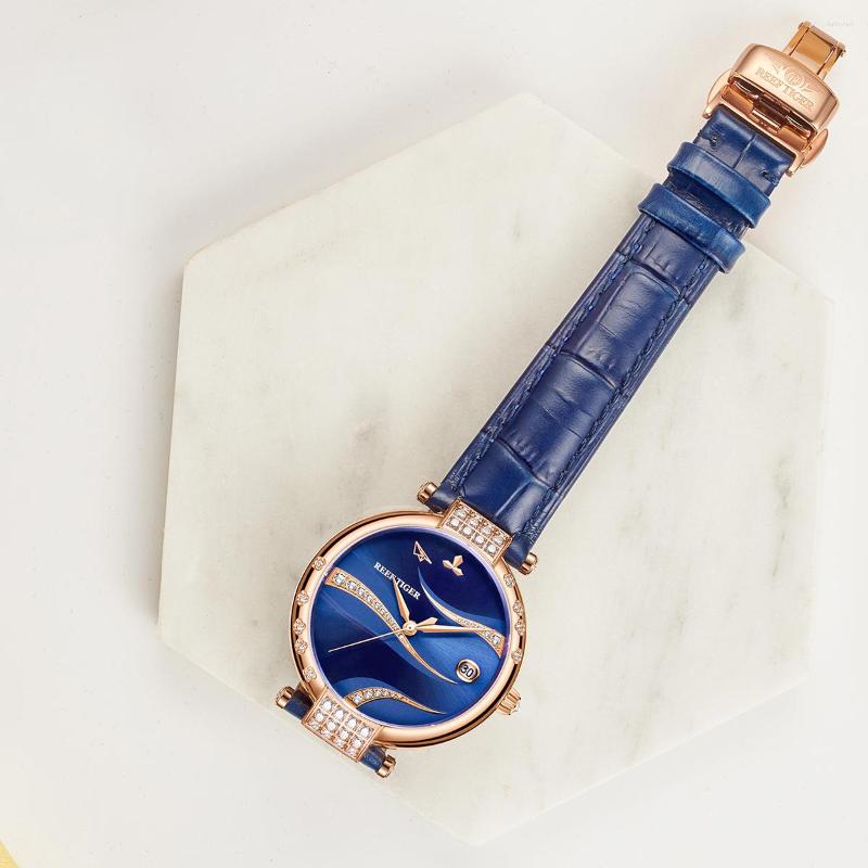 

Wristwatches Reef Tiger/RT Rose Gold Case Leather Strap Luxury Women Automatic Watch Self-Winding Day Display Mechanical Clock RGA1589, Rga1589-pee