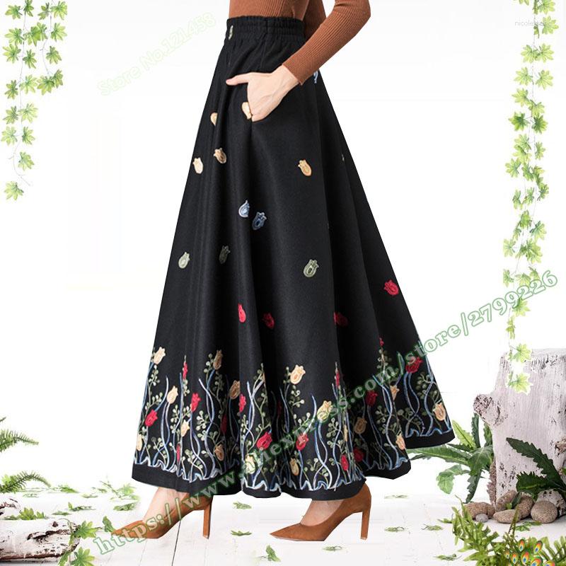

Skirts Female Cothing Plus Size Winter Thick Woolen Retro Vintage Style Casual Fashion Black Floral Warm Woman Ladies Womens