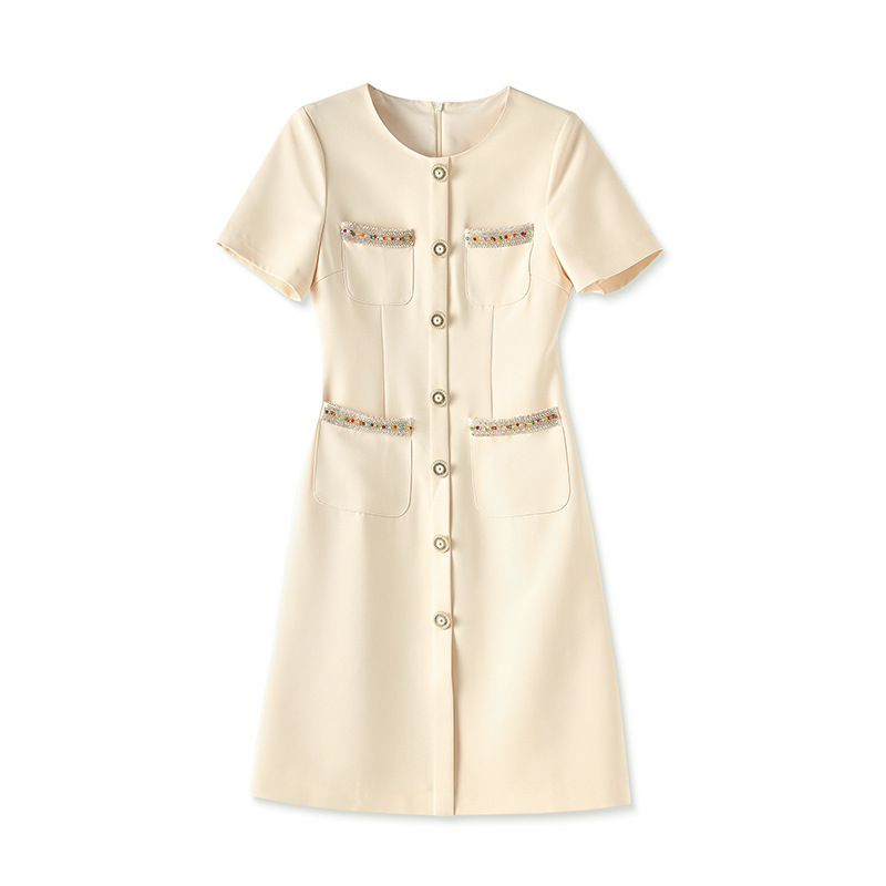 

2023 Summer Apricot Solid Color Dress Short Sleeve Round Neck Buttons Knee-Length Casual Dresses W3L045807, Multi
