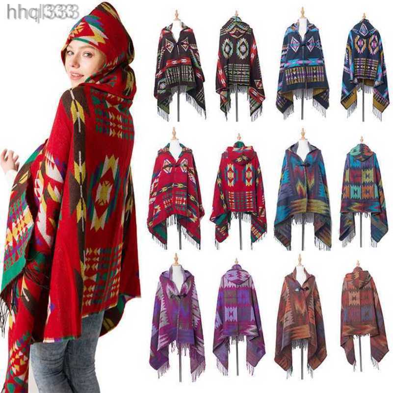 

Autumn and Winter New Yunnan Ox Horn Button Ethnic Style Hat Cape Bohemian Ethnic Style Hooded Cape gh, B blue ethnic style