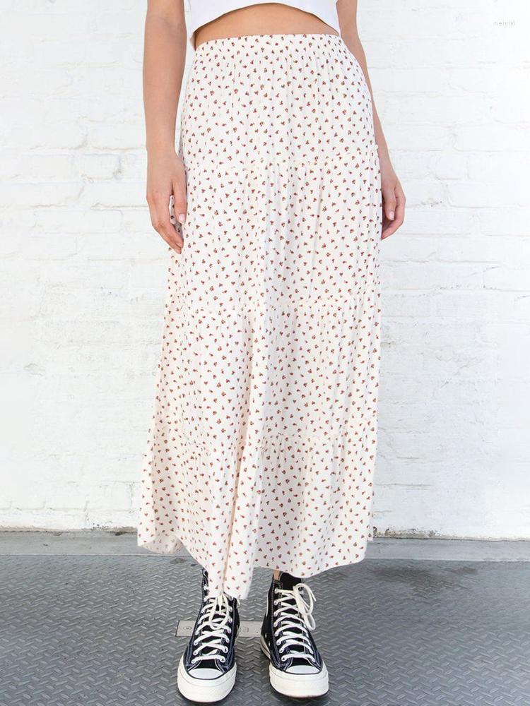 

Skirts Sweet Floral Print Ruffles Skirt Women Casual Elastic High Waist Preppy Style Faldas Female Y2k Vintage Cute Summer Long