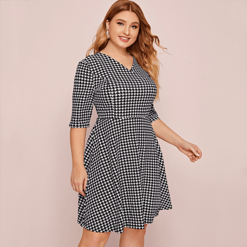 

Plus size Dresses Size Vneck Spring Autumn Elegant Houndstooth Dres Half Sleeve Casual Aline Dress Large Work Office 7XL 230627, Black