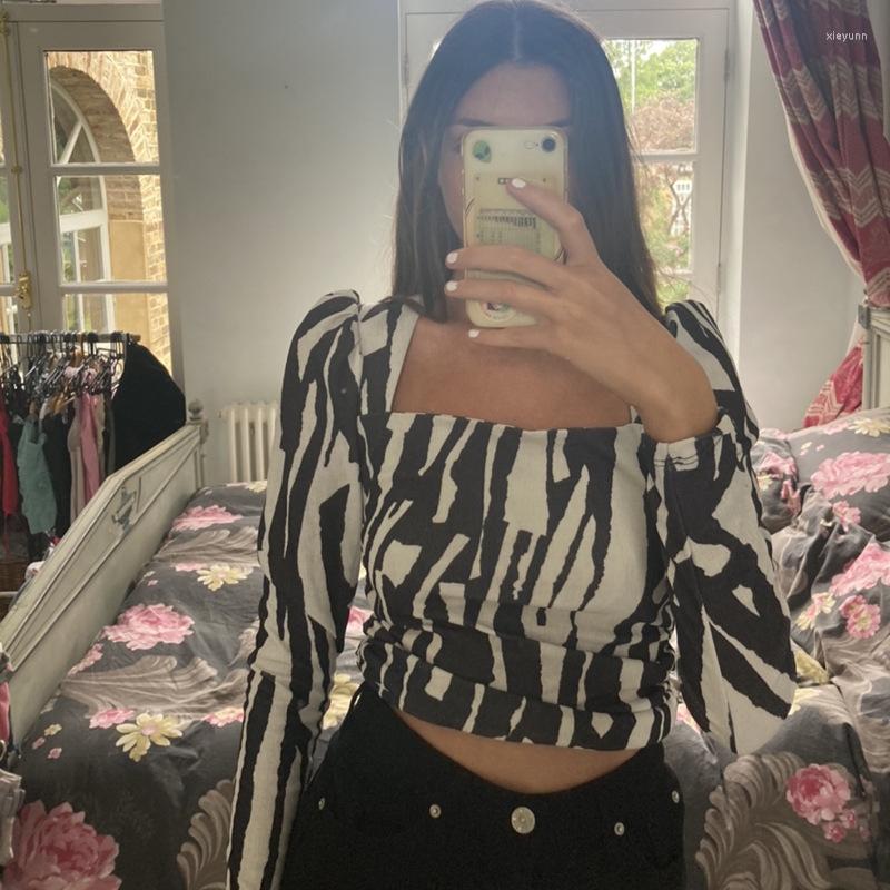 

Women's T Shirts Autumn Product Striped Print Tie-dye Slim Drawstring Sexy Square Collar Temperament Elegant Long-sleeved T-shirt Women, White