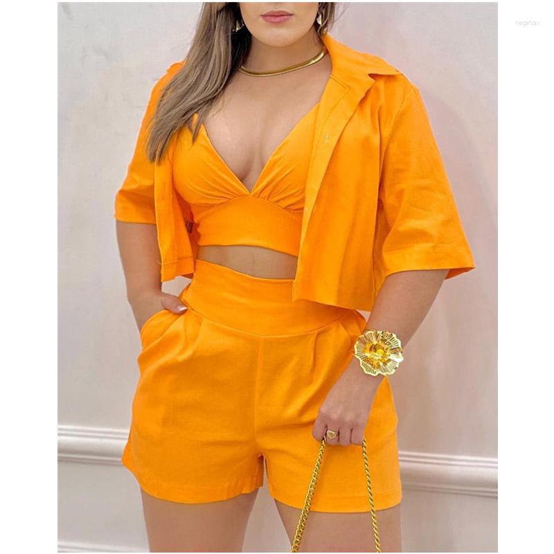 

Women' Tracksuits Women Casual Fashion Tracksuit Summer Outfits Elegant 3PCS Crop Top & Shorts Set With Shirt, Orange