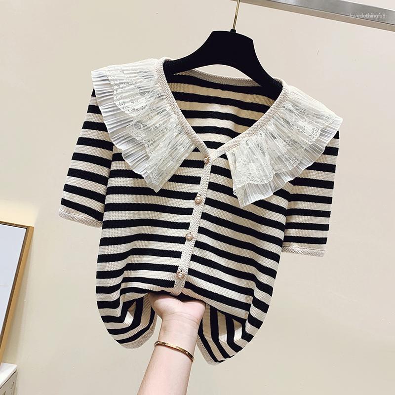 

Women' Sweaters Summer Korean Striped Knitted Pullover T-shirt Women Fashion Casual Ladies Tees Tops Lace Collar Short Sleeve Knitwear, Picture color