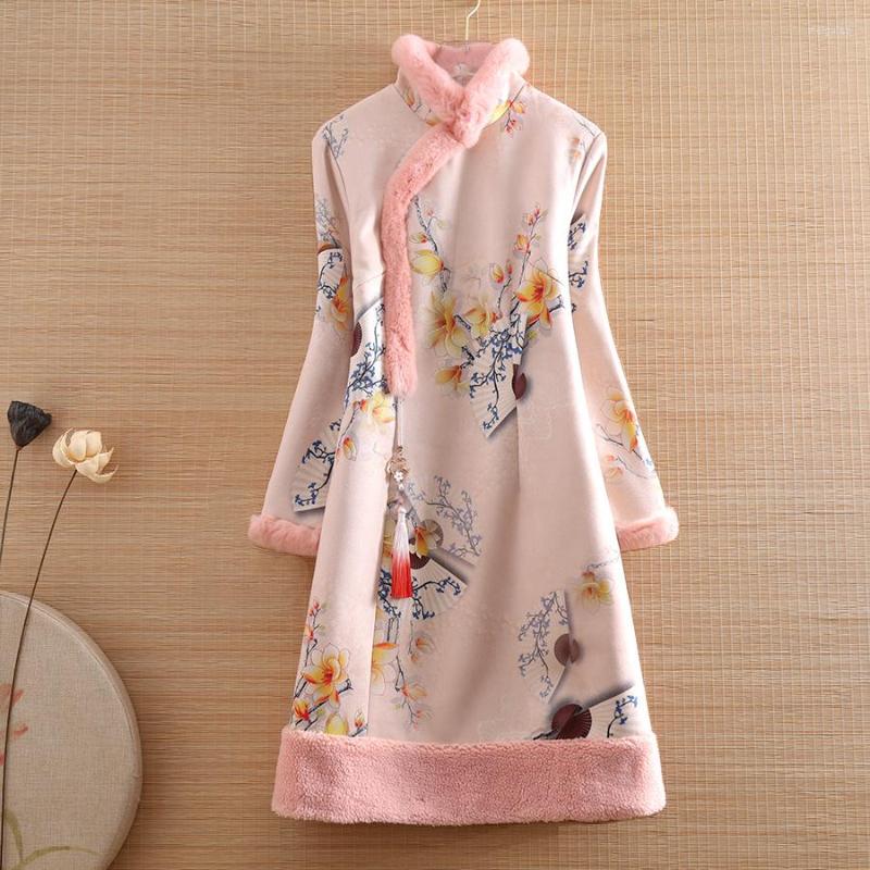 

Ethnic Clothing Floral Autumn Winter Women Ptint Midi Dress Suede Dresses Elegant Slim Lady Warm Qipao Party S-XXL