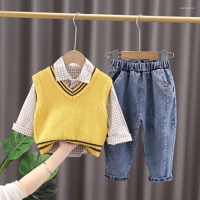 

Clothing Sets Spring Born Baby Boy Clothes Outfits Plaid Shirt Knitted Vest Jeans Suit For Cloth 1st Birthday Boys, Beige