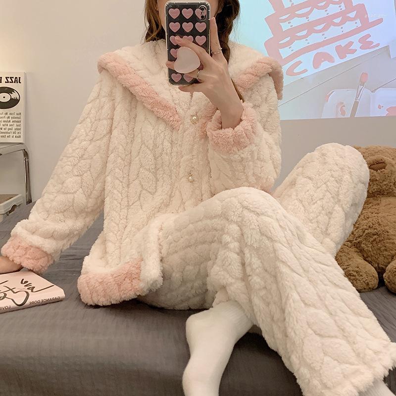 

Women's Sleepwear Flannel Women Pajamas Sets 2023 Autumn Winter Warm Thick Coral Velvet Long Sleeve Cartoon Home Pijamas Set Girl