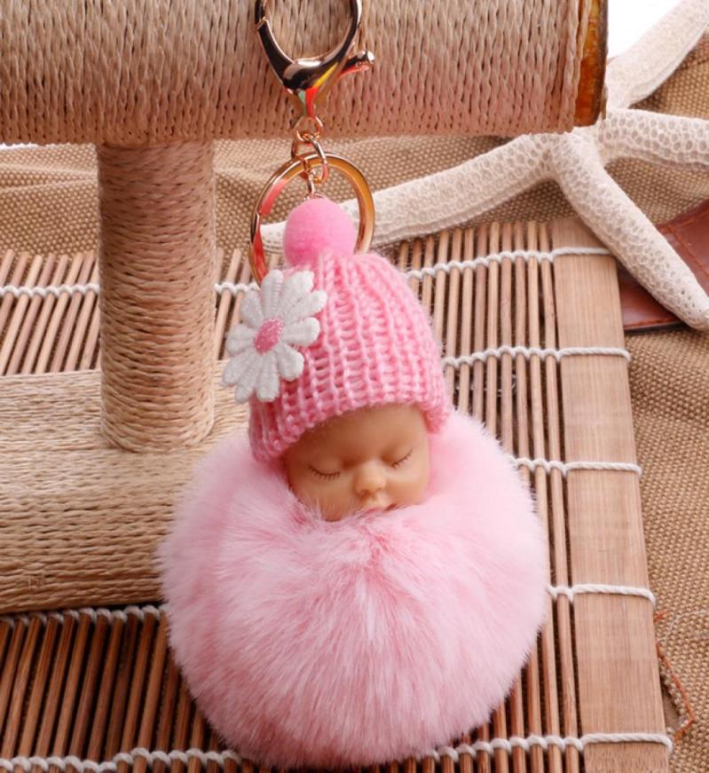 

winter Cute Fluffy Pompom Sleeping Baby Doll Keychains Soft Faux Fur Ball Pendant Key Chain Car Keyring Cellphone Charm1681122, Dark blue