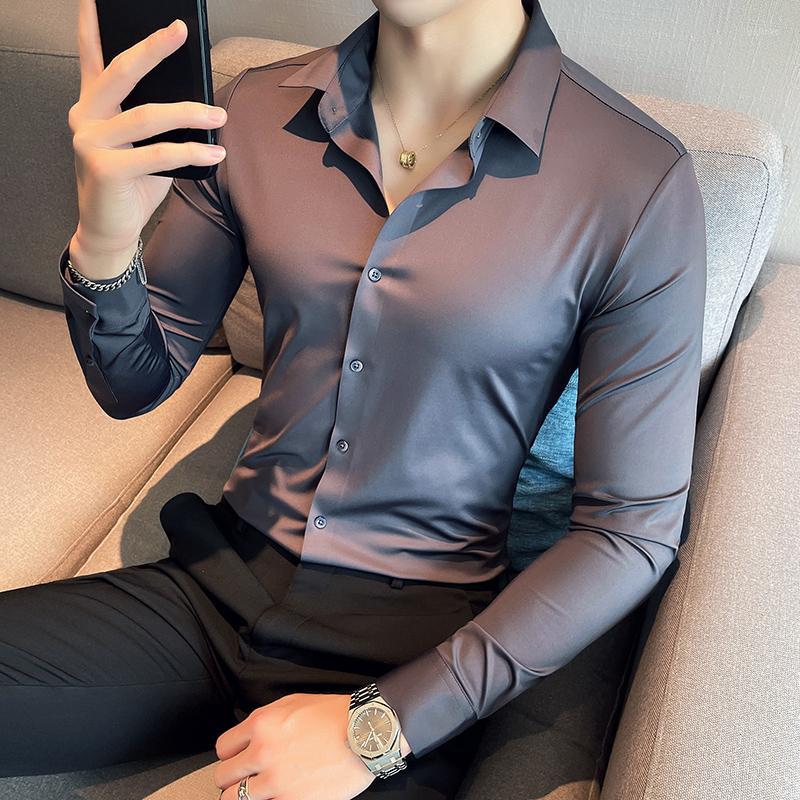

Men's Casual Shirts Men's Classic Solid Color Seamless Business Formal Dress Autumn Long Sleeve Slim Social Office Men Clothing, Blue