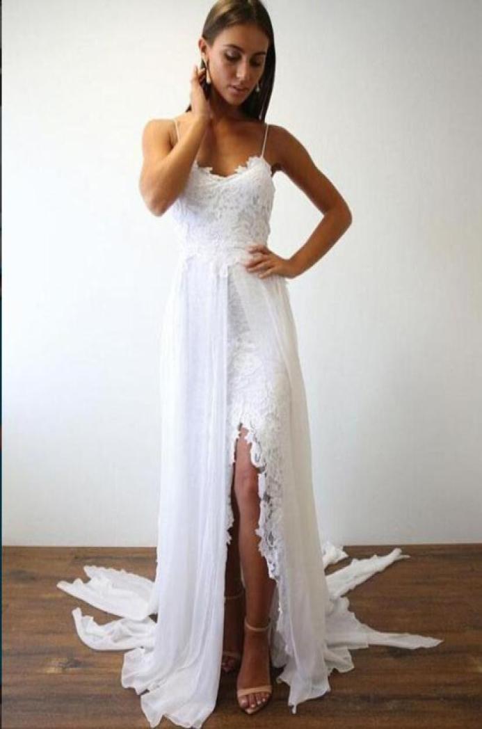 

Beach Wedding Dresses White Lace Summer Sleeveless Bridal Gowns Slit Mermaid Seaside Simple Contryside Dress For Brides Custom Mad9739682, Ivory