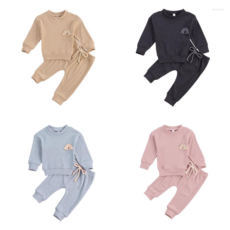 

Clothing Sets Infant Born Baby Girls Boys Spring Fall Ribbed Solid Clothes Long Sleeve Rainbow Embroidery Top Pants 2PCs Outfits, Sky blue