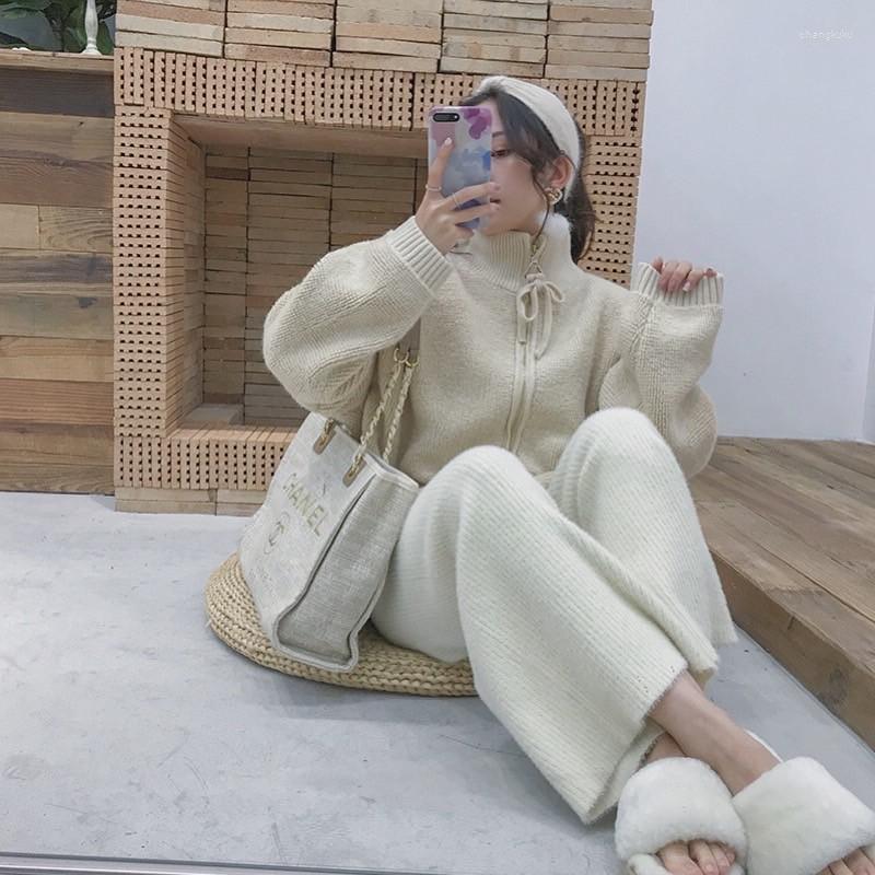 

Women's Pants 2023 Autumn Winter Mink Cashmere Straight Long Trousers For Women Age Reduction Warm Thicken Wide Leg Knitted Loose, Pink