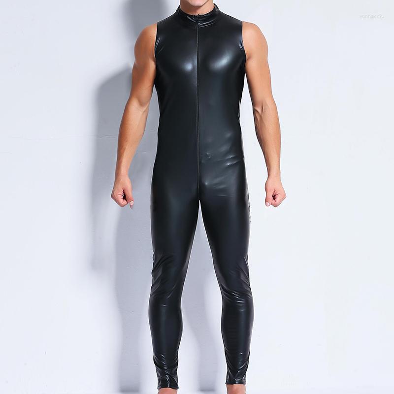 

Men's Tracksuits Men Undershirts PU Leather PVC Jumpsuits Bodybuilding Leotrad Sleeveless Wrestling Singlets Bodysuits Latex Playsuits, Black