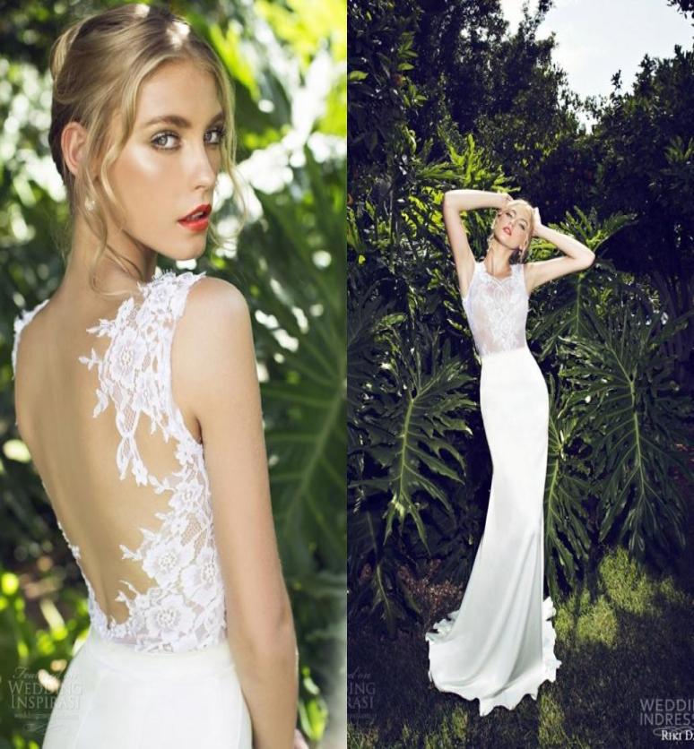 

Romantic Sheer Lace Sheath Riki Dalal Wedding Dresses Sexy Bodice Appliqued Spandex Satin Sweep Train Illusion Back Vintage Bridal6020792, Champagne