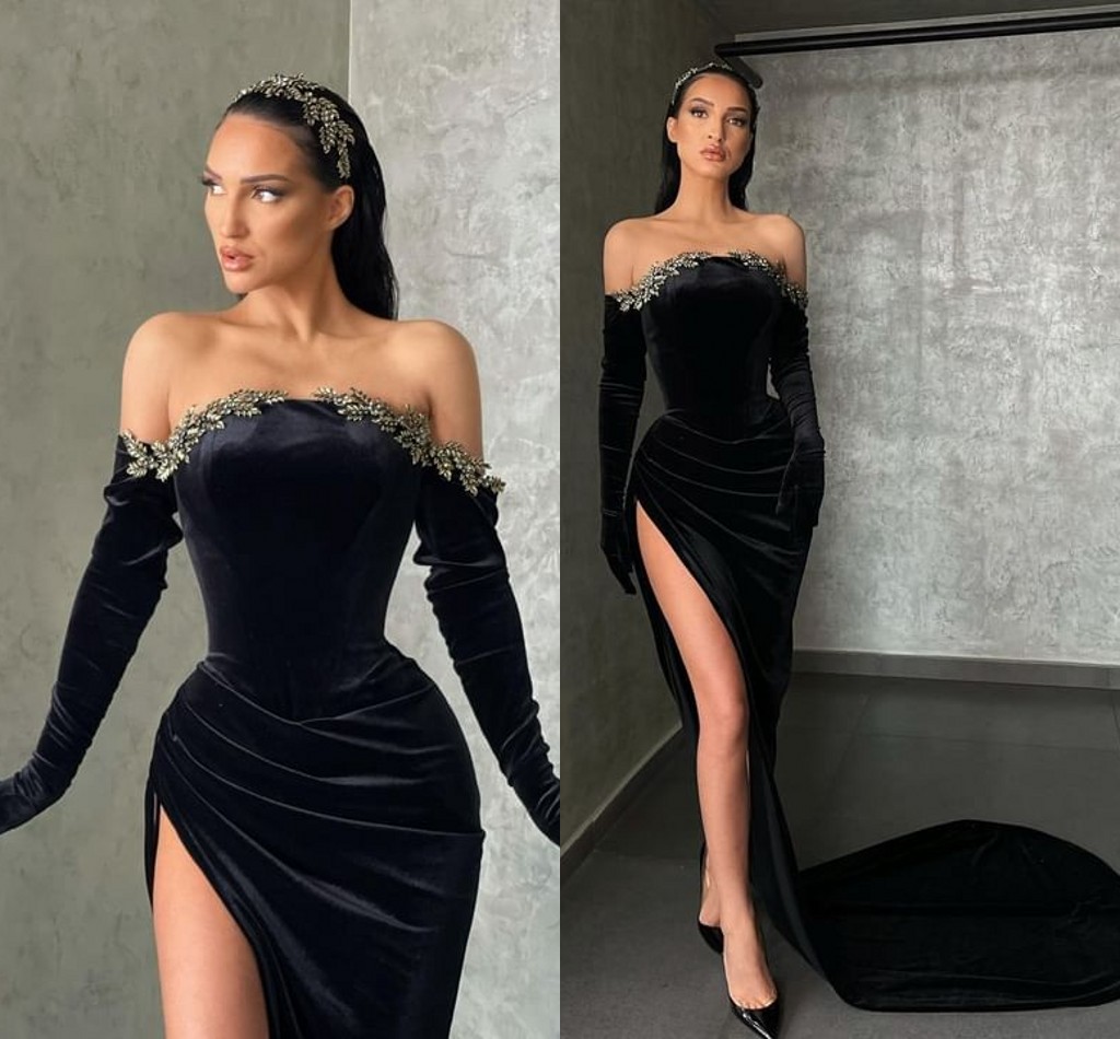 

Sexy Black Mermaid Prom Dresses Long for Women Plus Size Off Shoulder Long Sleeves Velvet Beaded Side Split Formal Occasions Evening Birthday Party Pageant Gowns, Dark green