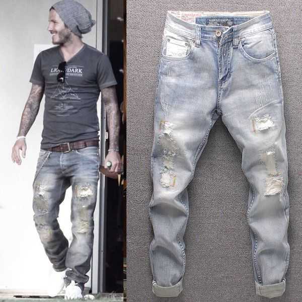 

designer purple jeans European American retro jeans men's beggar's old patch loose straight long pants personality fashion brand locomotive man 4T0M5
