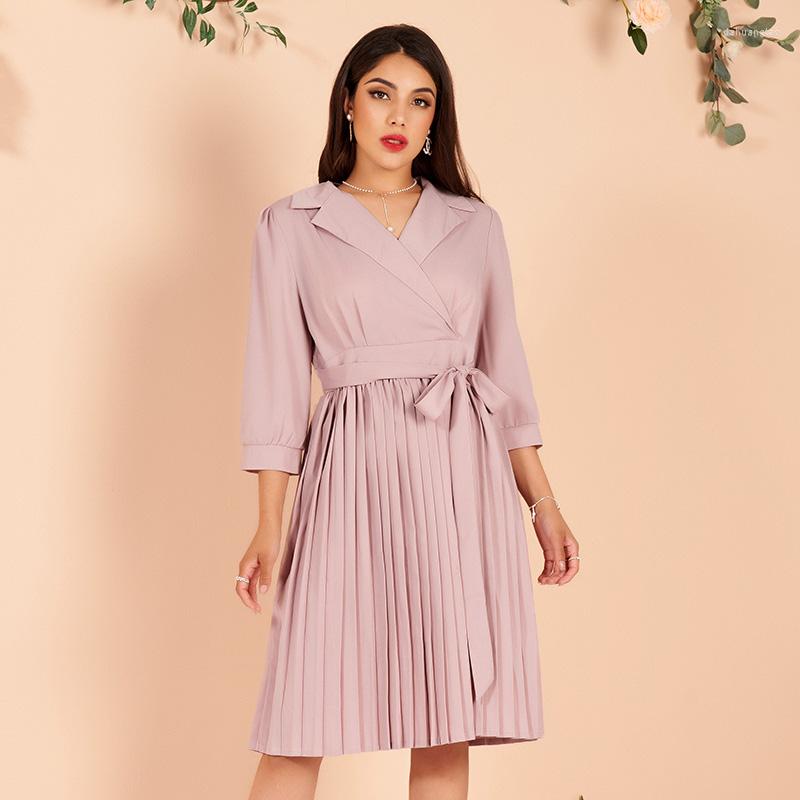 

Casual Dresses Summer Ladies Fashion Tethered Temperament Suit Collar Pleated Solid Color High Waist All-match Workplace Woman Pink Dress
