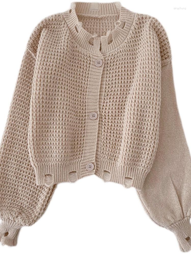 

Women's Knits Streetwear Sweater Women Autumn Winter Lantern Sleeve Ripped Short Top Korean Fashion Woman Single-breasted Crop Cardigan, Black