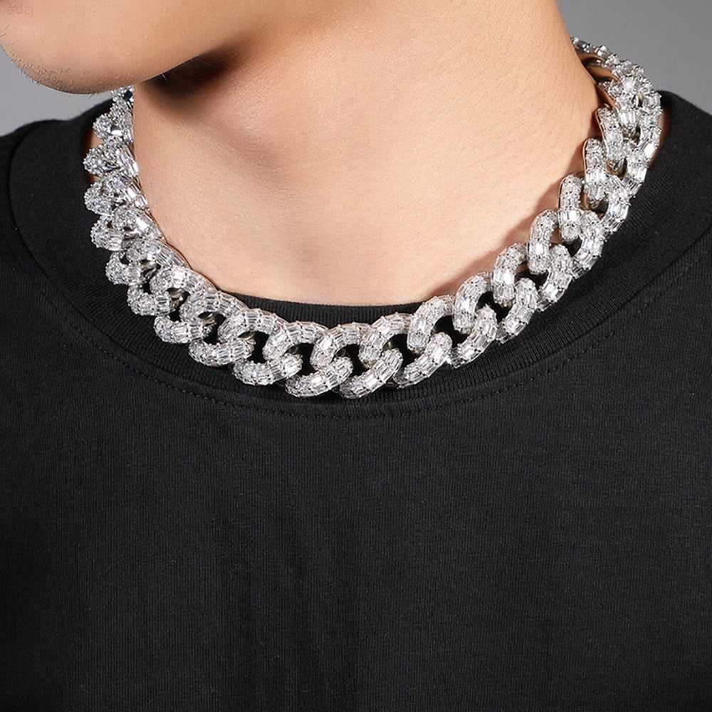 

Rapper Jewelry Men Fashion 20mm Baguette Four Rows Iced Out S925 Silver Moissanite Cuban Link Chain
