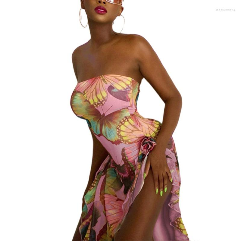 

Casual Dresses Spicy Butterfly Print Bust Tight Irregular Wrap High Waist Split Mid Length Dress, Multi