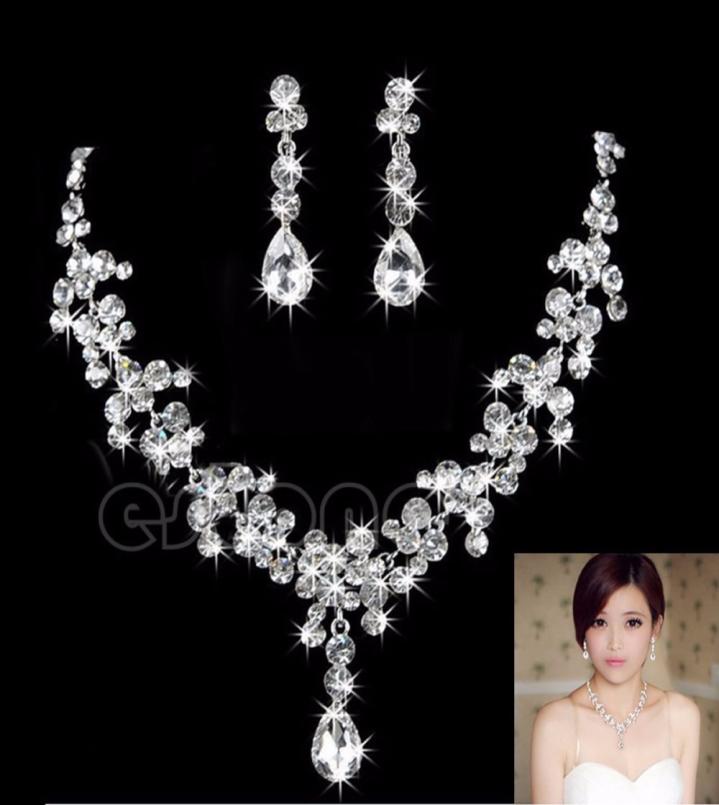 

New Women Fashion Bridal Jewelry Rhinestone Crystal Drop Necklace Earring Plated Jewelry Set Ear Clip Needle Wedding Earrings Pend4984255