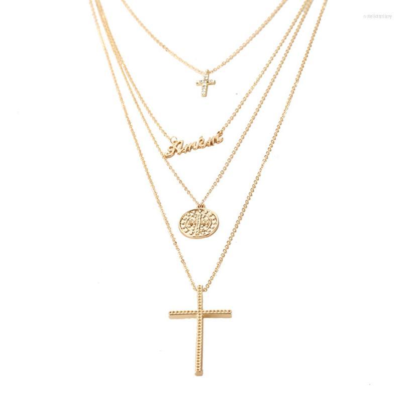 

Pendant Necklaces Gold Color Cross Letter Round Necklace Boho Multi Layer Choker Chain Link For Women Fashion Jewelry Gift